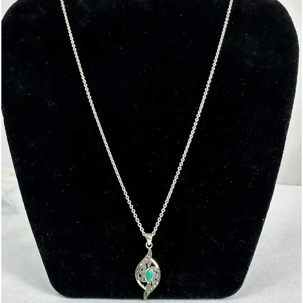 Vintage Marcasite Necklace Green Marquise Stone Art Nouveau Pendant